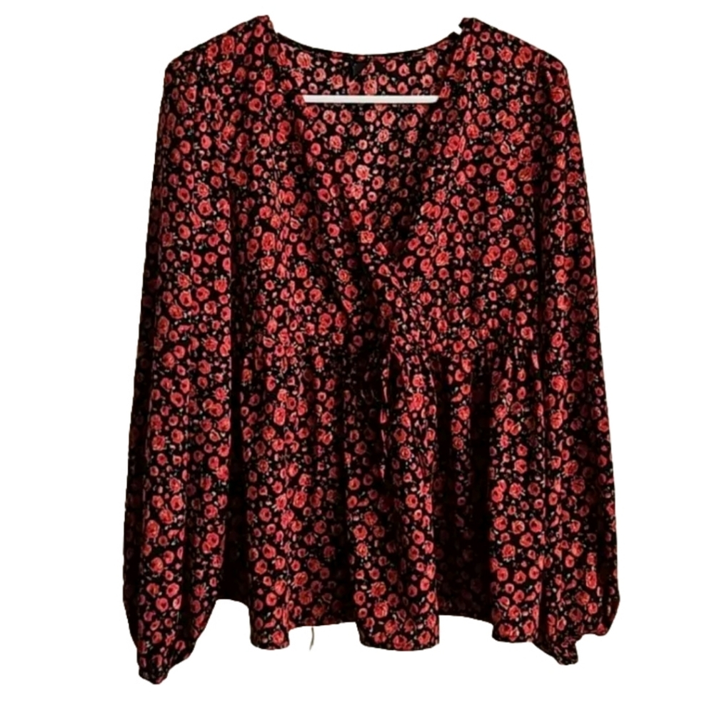 Shein black Red floral print blouse top Medium